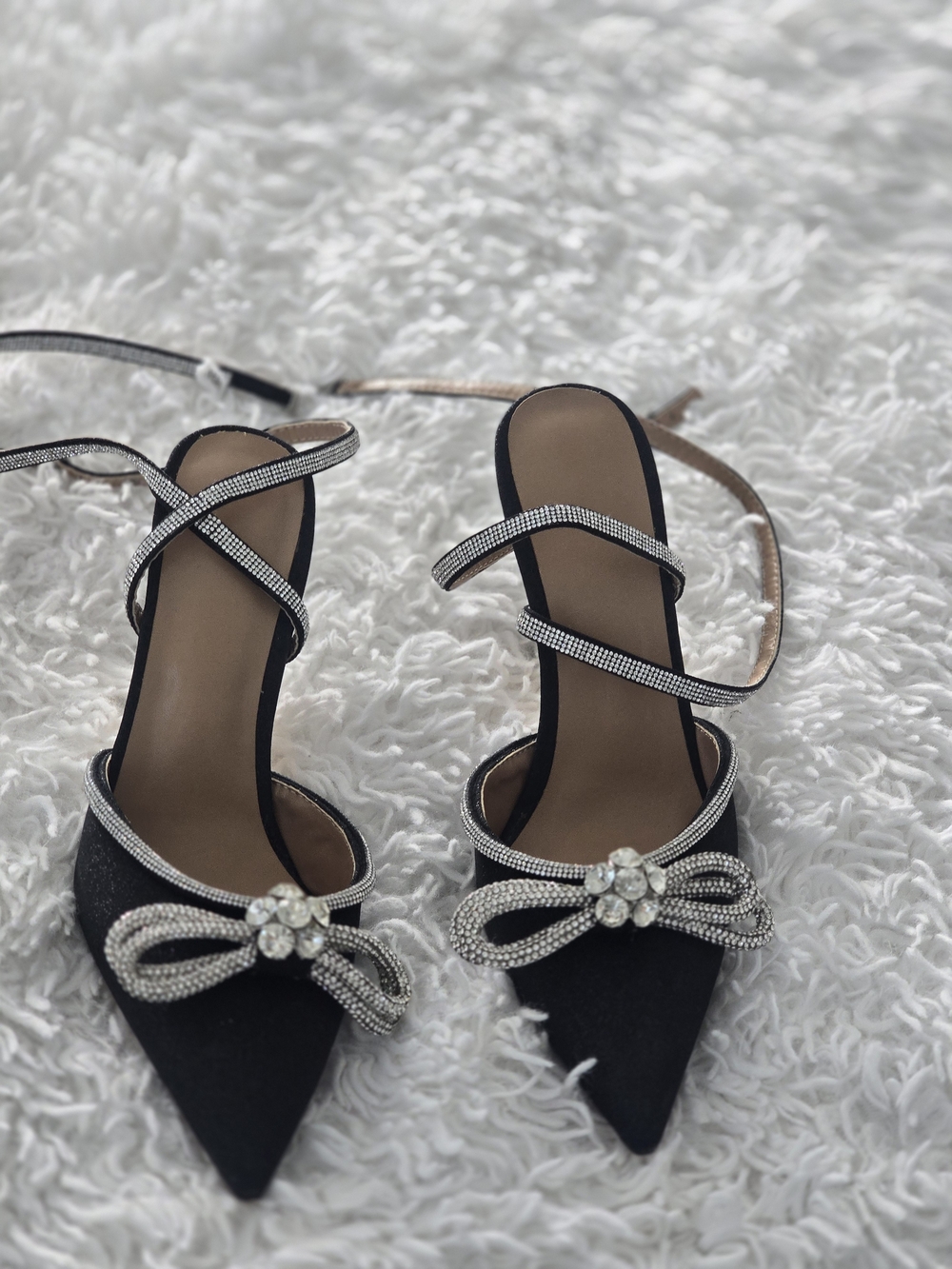 SHEIN Black Pointed Toe Rhinestone Bow Ankle Strap Heels